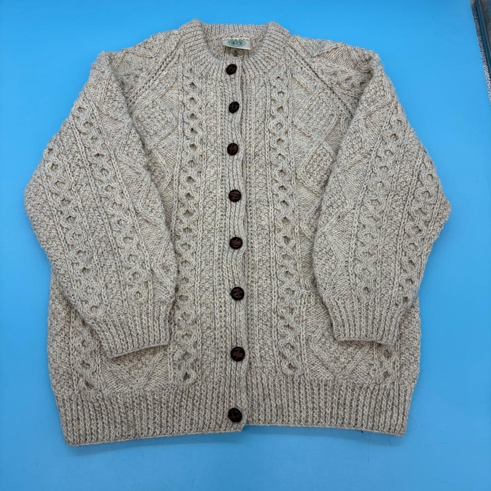 Blarney Woolen Mills Hand Knit Irish Sweater Fisherman Pattern Beige - Picture 3 of 10